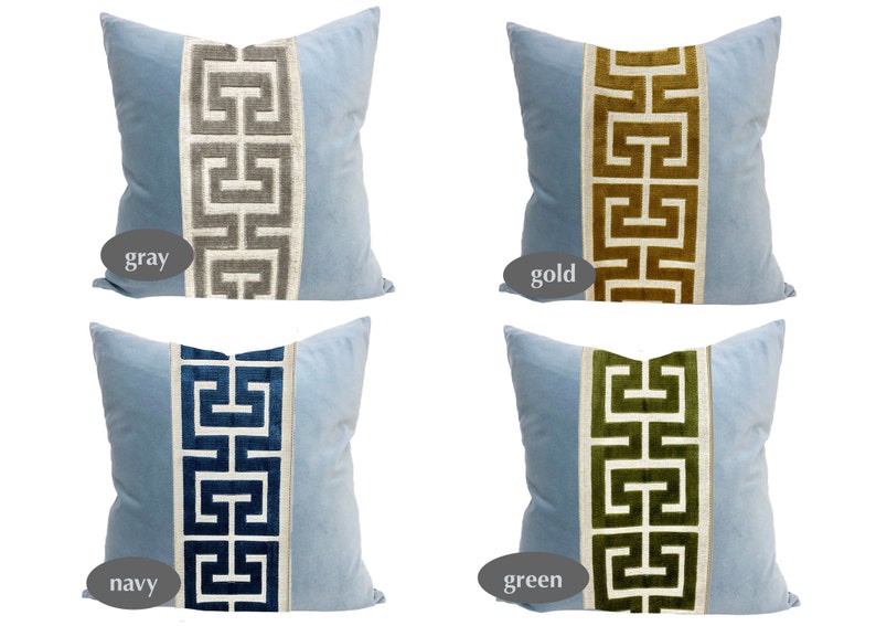 Light Blue Velvet Pillow Cover With Large Greek Key Shown Etsy
