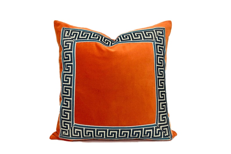 Orange Pillow Cover with Navy and Off White Greek Key Trim Etsy