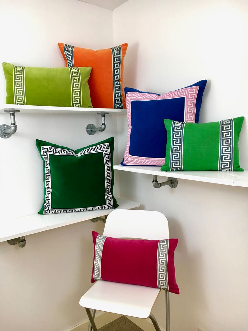 Tan Pillow Cover Tan Velvet Lumbar Pillow with Mist Greek Key Etsy