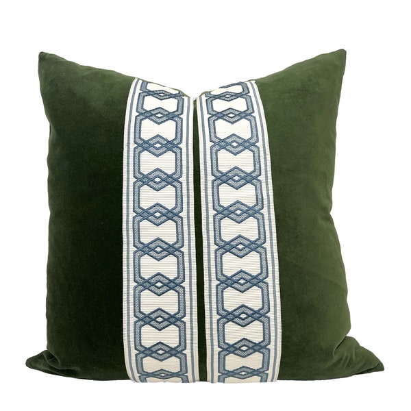 Moss Green Velvet Square Velvet Pillow Cover with Hexagon Trim - SELECT TRIM COLOR