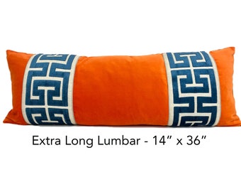 Orange Velvet Extra Long Lumbar Pillow Cover with Large Greek Key Trim -SELECT TRIM COLOR