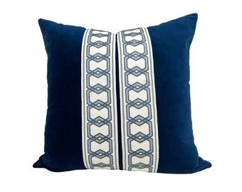 Navy Blue Square Velvet Pillow Cover with Hexagon Trim - SELECT TRIM COLOR