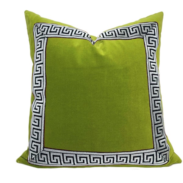 Lime Green Square Velvet Pillow Cover with Greek Key Trim - SELECT TRIM COLOR