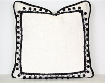 Black and White Pillow Cover with Ball Fringe - Modern Pillow