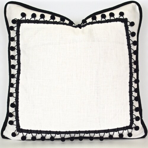 Black and White Pillow Cover With Ball Fringe Modern Pillow Etsy