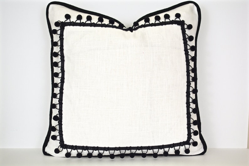 Black and White Pillow Cover with Ball Fringe Modern Pillow image 1
