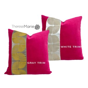 Fuchsia Velvet Pillow Cover with Wings Trim - Select WHITE or GRAY Trim