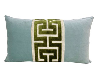 Aqua Mist Velvet Lumbar Pillow Cover with Large Greek Key Trim - SELECT TRIM COLOR
