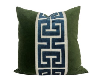 Moss Green Square Velvet Pillow Cover with Large Greek Key Trim, Dark Green Pillow Cover - SELECT TRIM COLOR