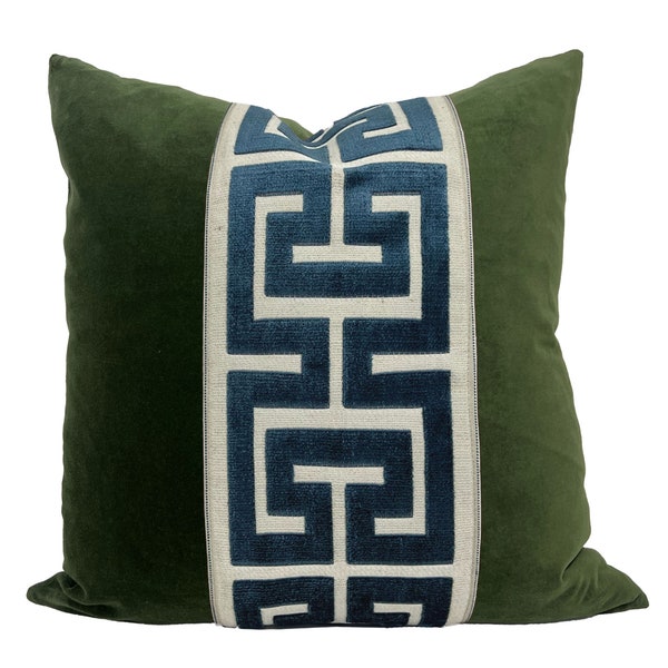 Moss Green Square Velvet Pillow Cover with Large Greek Key Trim, Dark Green Pillow Cover - SELECT TRIM COLOR