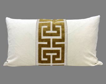 Off White Velvet Lumbar Pillow Cover with Large Greek Key Trim - SELECT TRIM COLOR