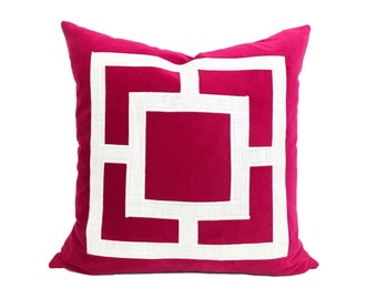 Fuchsia Pink Pillow -  Fuchsia Velvet Pillow Cover with Geometric Applique