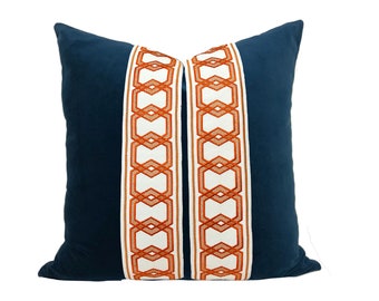 Navy Blue Square Velvet Pillow Cover with Orange Hexagon Trim - SELECT TRIM COLOR