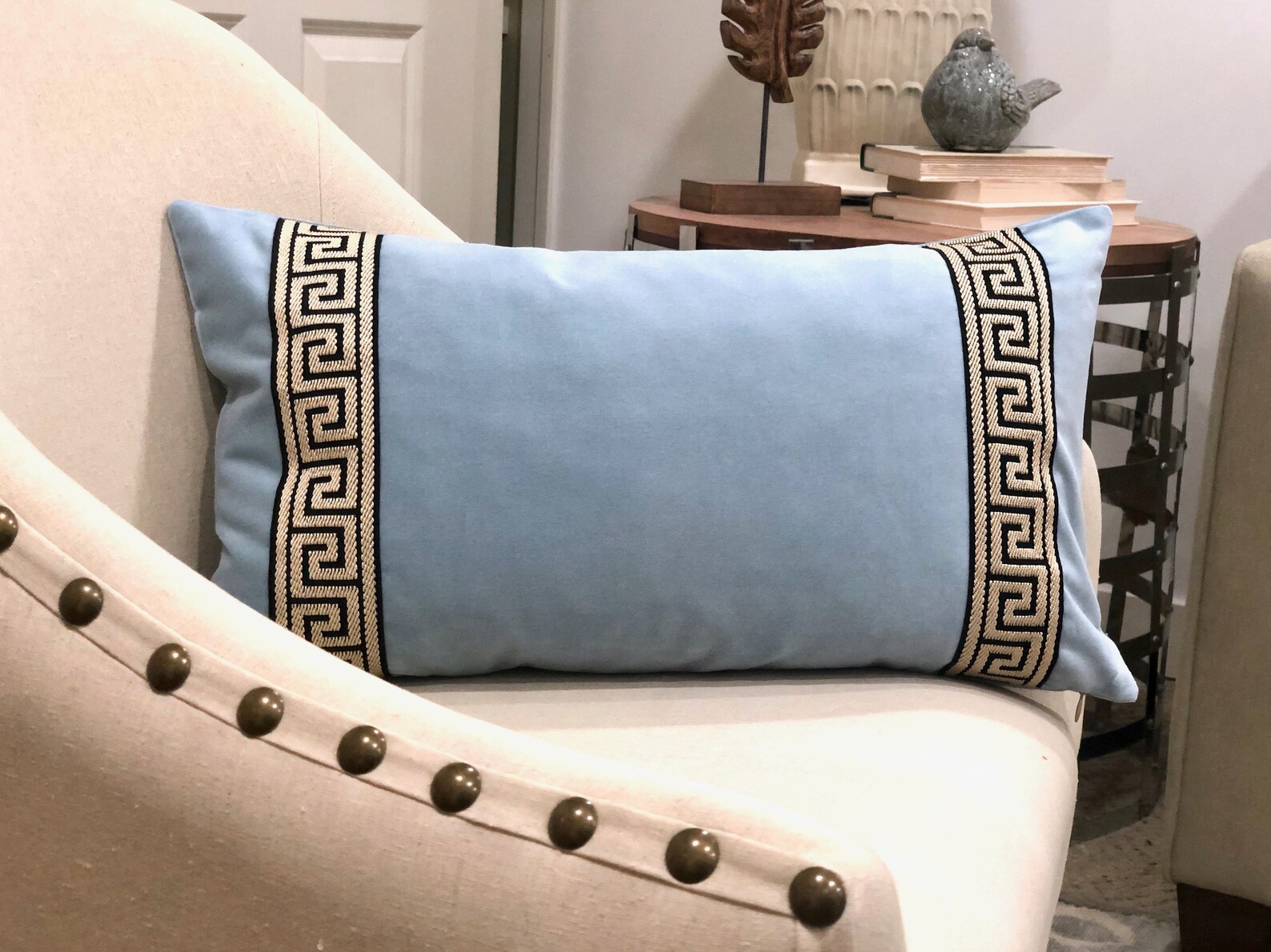 Light Blue Velvet Lumbar Pillow Cover with Black and Tan Greek Etsy