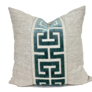 Oatmeal Linen Pillow Cover with Large Mist Greek Key Trim