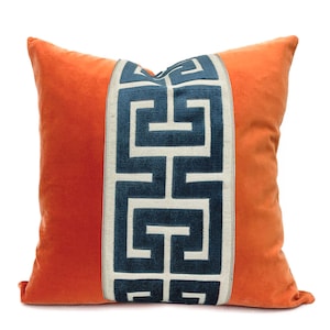 Orange Velvet Square Pillow Cover with Large Greek Key Trim SELECT TRIM COLOR Navy