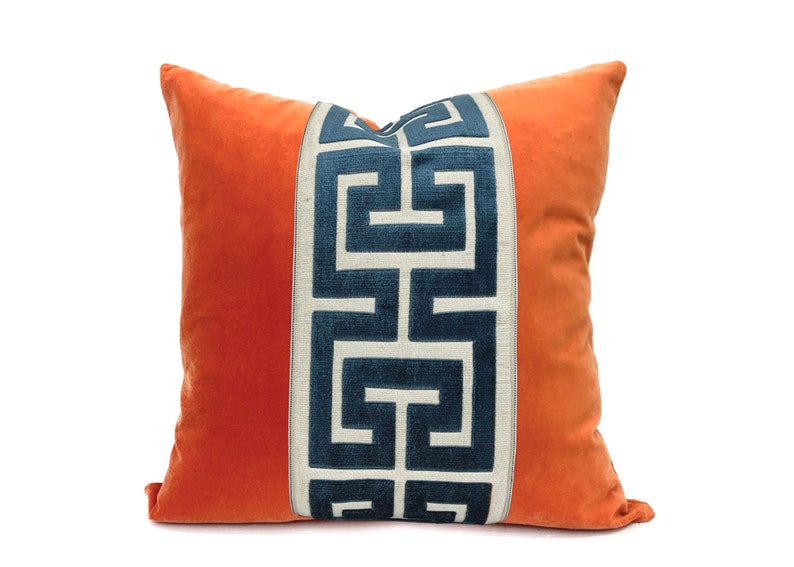 Orange Velvet Square Pillow Cover with Large Greek Key Trim SELECT TRIM COLOR Navy