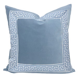 Light Blue Velvet Square Pillow Cover with Two-Inch Greek Key Trim SELECT TRIM COLOR sky