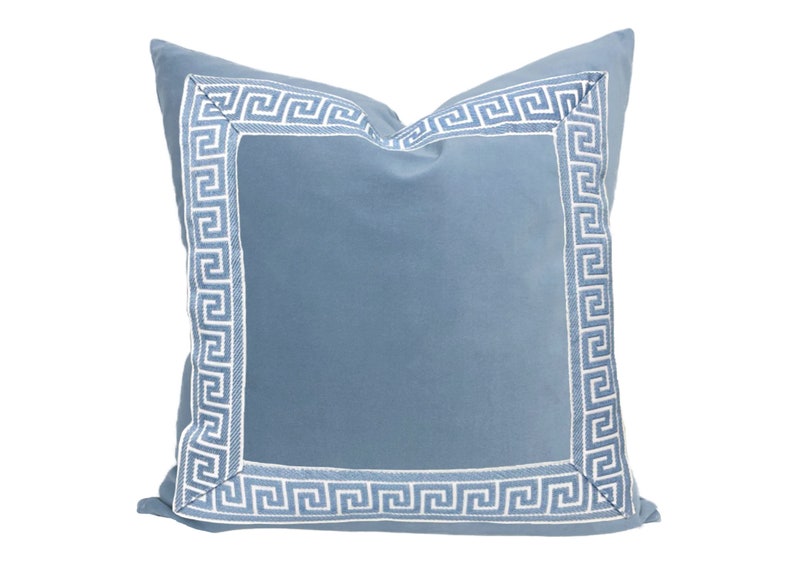 Light Blue Velvet Square Pillow Cover with Two-Inch Greek Key Trim SELECT TRIM COLOR sky