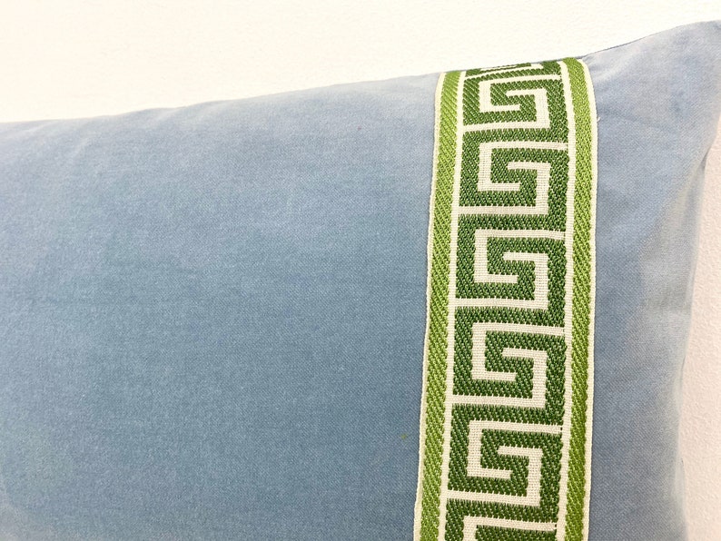 Light Blue Velvet Lumbar Pillow Cover With Green Greek Key Etsy