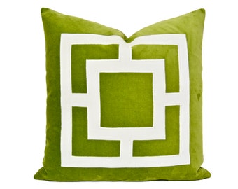 Lime Green Pillow Cover -  Green Velvet Pillow Cover with Off-White Velvet Applique