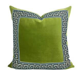 Lime Green Velvet Pillow Cover with Greek Key SELECT TRIM COLOR image 2