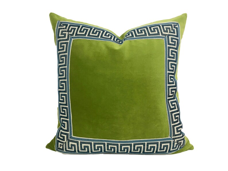 Lime Green Velvet Pillow Cover with Greek Key SELECT TRIM COLOR image 2