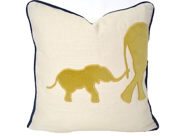 Elephant Pillow - Elephant pillow cover with gold velvet applique and navy piping