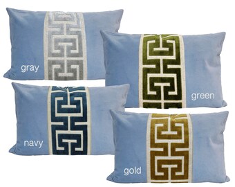 Light Blue Velvet Pillow Cover with Large Greek Key Trim - SELECT TRIM COLOR