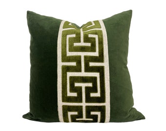 Moss Green Square Velvet Pillow Cover with Large Greek Key Trim - SELECT TRIM COLOR