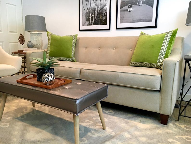 Lime Green Velvet Lumbar Pillow Cover With Greek Key Trim Etsy