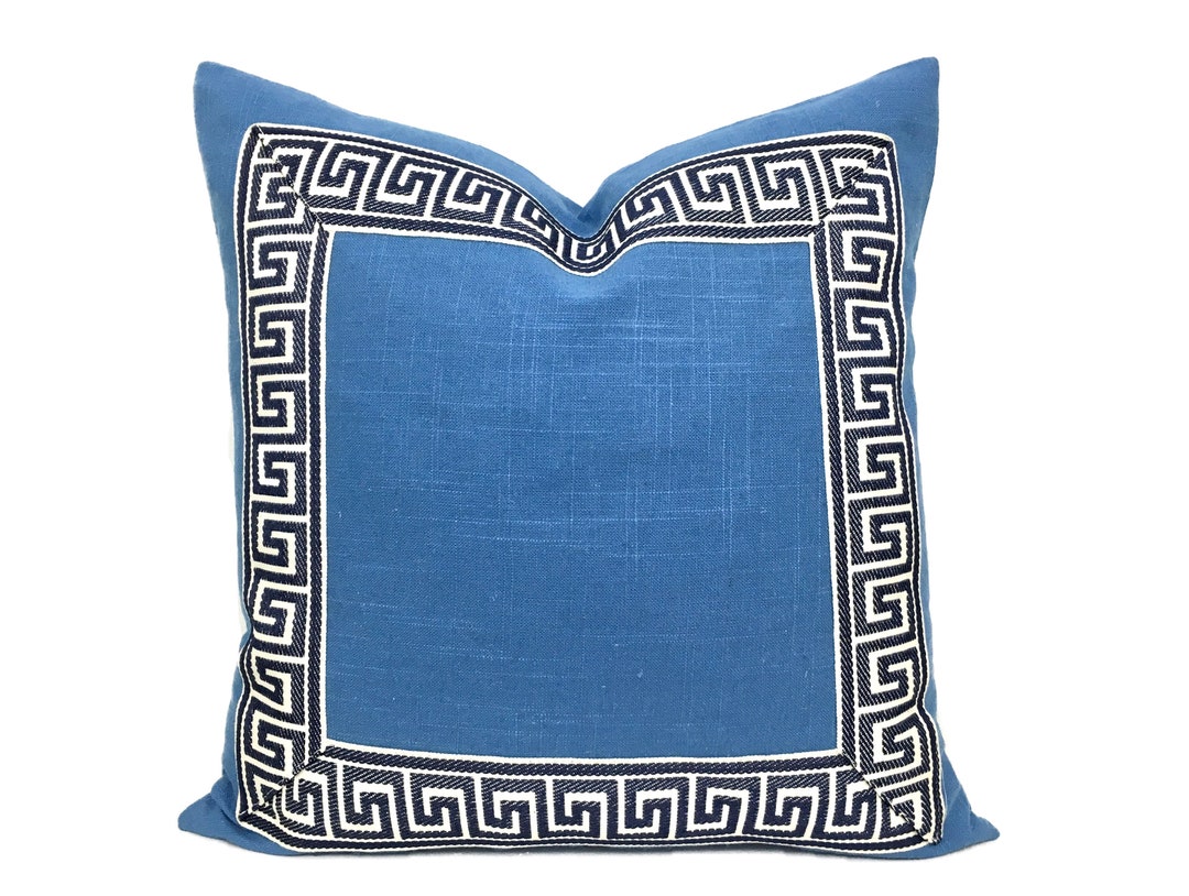 Ocean Blue Linen Pillow Cover With Greek Key Trim SELECT Etsy