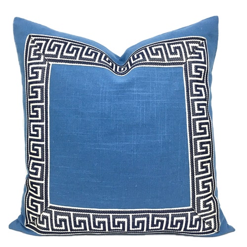 Ocean Blue Linen Pillow Cover With Greek Key Trim SELECT Etsy