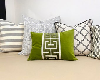 Lime Green Velvet Lumbar Pillow Cover with Large Greek Key - SELECT TRIM COLOR