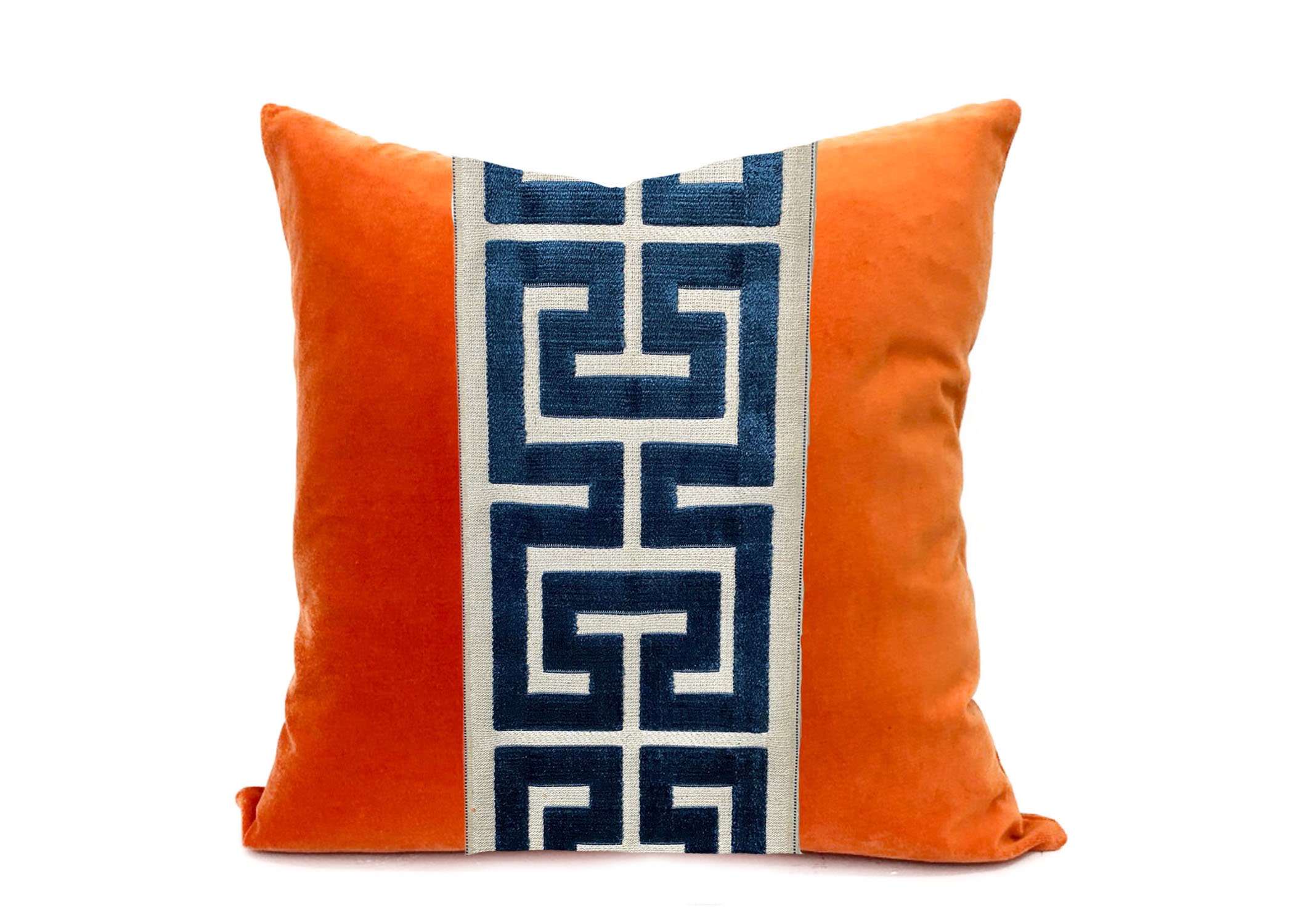 shown in mist Orange Velvet Lumbar Pillow Cover with Large Greek Key