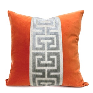 Orange Velvet Square Pillow Cover with Large Greek Key Trim SELECT TRIM COLOR Gray