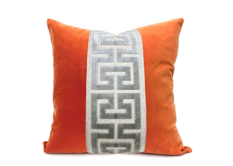 Orange Velvet Square Pillow Cover with Large Greek Key Trim SELECT TRIM COLOR Gray