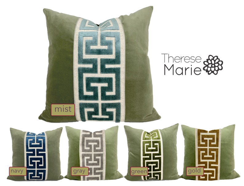 Sage Green Square Velvet Pillow Cover with Large Greek Key SELECT TRIM COLOR image 2