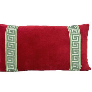 Red Velvet Lumbar Pillow Cover with Greek Key Trim SELECT TRIM COLOR green