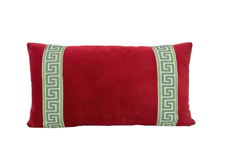 Red Velvet Lumbar Pillow Cover with Greek Key Trim SELECT TRIM COLOR green