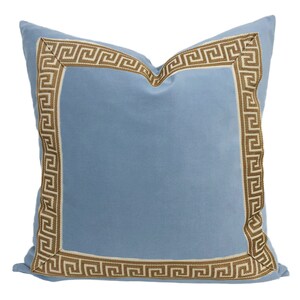 Light Blue Velvet Square Pillow Cover with Two-Inch Greek Key Trim SELECT TRIM COLOR gold