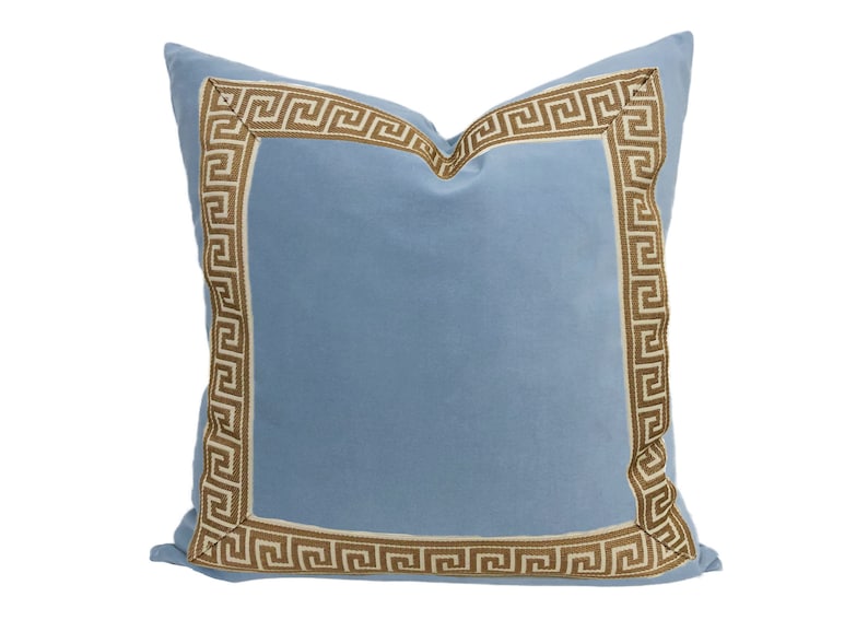 Light Blue Velvet Square Pillow Cover with Two-Inch Greek Key Trim SELECT TRIM COLOR gold