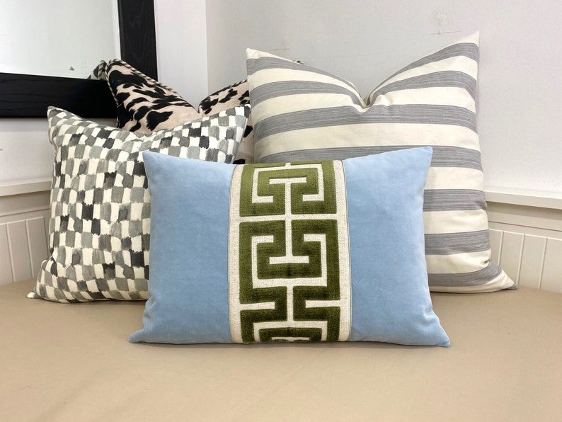 Light Blue Velvet Lumbar Pillow Cover With Large Greek Key Etsy