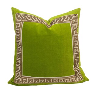 Lime Green Velvet Pillow Cover with Greek Key SELECT TRIM COLOR gold