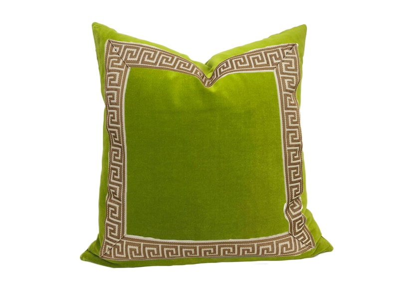 Lime Green Velvet Pillow Cover with Greek Key SELECT TRIM COLOR gold