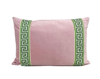 Pink Pillow Cover - Light Pink Velvet Lumbar Pillow with Greek Key Trim