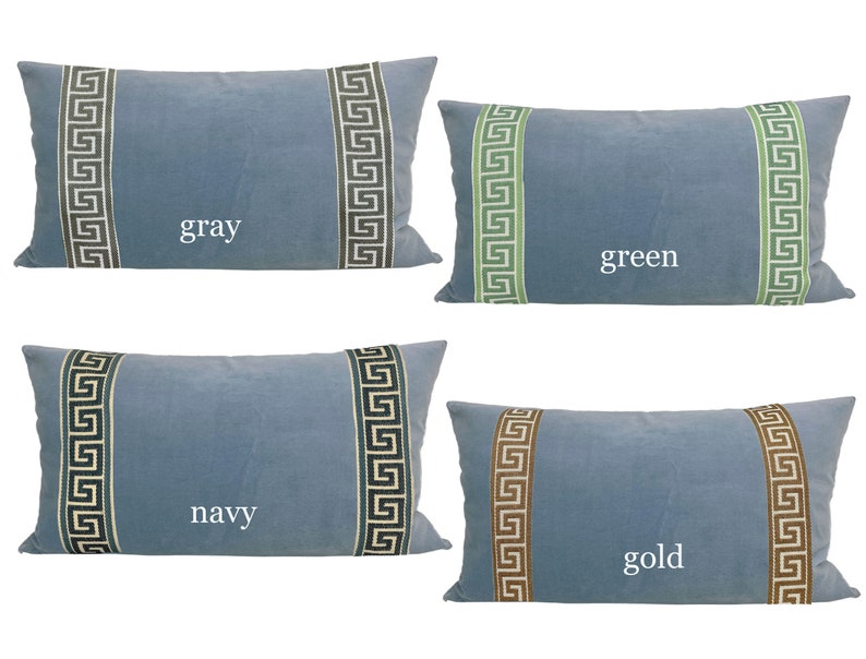 Light Blue Velvet Lumbar Pillow Cover With Twoinch Greek Key Etsy