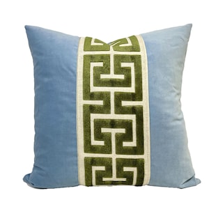 Light Blue Velvet Square Pillow Cover with Large Greek Key SELECT TRIM COLOR Green