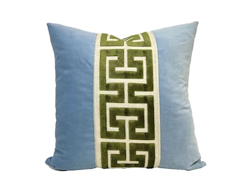 Light Blue Velvet Square Pillow Cover with Large Greek Key - SELECT TRIM COLOR