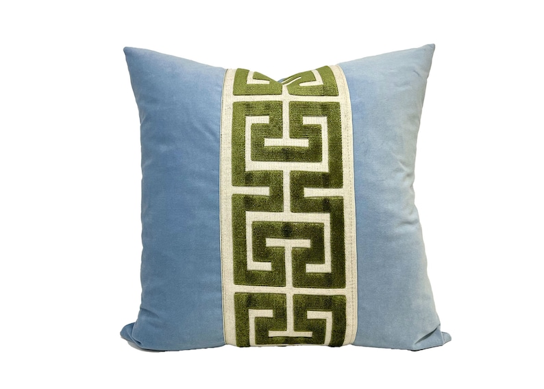Light Blue Velvet Square Pillow Cover with Large Greek Key SELECT TRIM COLOR Green